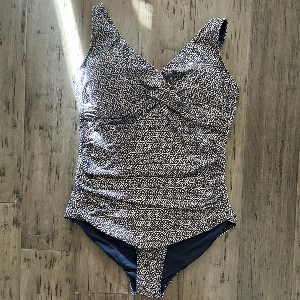 Nip Tuck One Piece Swimsuit Navy Blue Maritime Foil Ruched Size 12